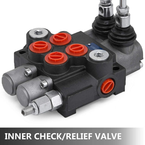 Vevor 2-spool hydraulic directional control valve, black block with red caps and SAE port fittings