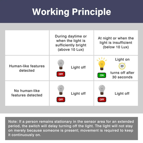 Motion Sensor Light Switch With PIR Infrared Detection working principle chart showing light activation and delay conditions.