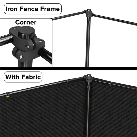 6x24 Privacy Fence Kit Freestanding Mesh Screen With Iron Poles for outdoor patio showing corner iron frame and black mesh fabric