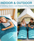 Woman and couple with all weather sleeping bag for adults and kids, ultra lightweight waterproof gear for camping and hiking.