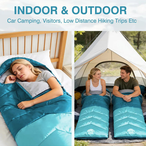 Woman and couple with all weather sleeping bag for adults and kids, ultra lightweight waterproof gear for camping and hiking.