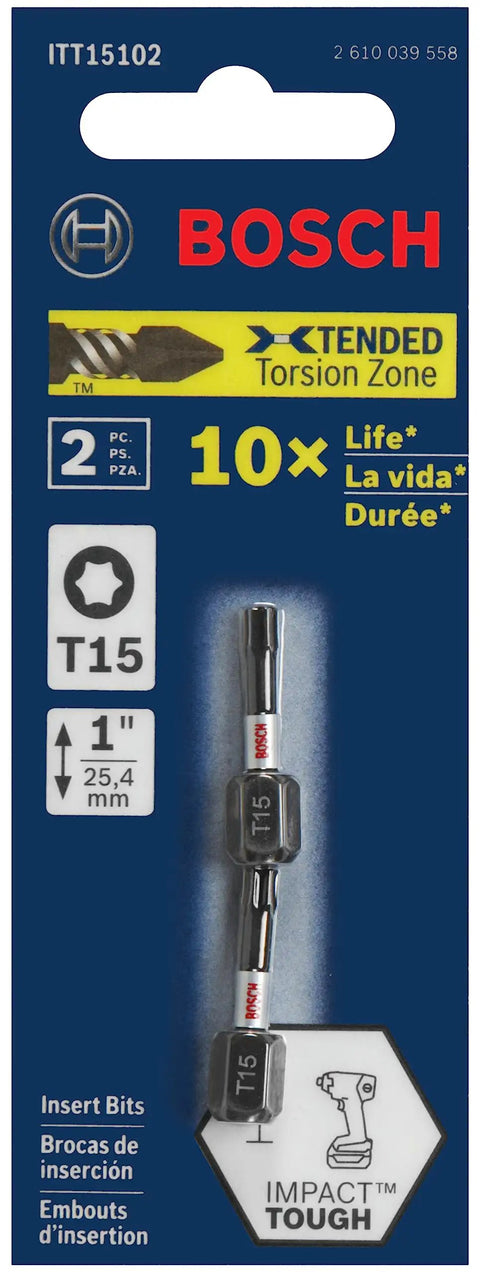 Ten Pack 1 Inch Torx T15 Impact Tough Screwdriving Insert Bits For High Torque Jobs in packaging showing bit design
