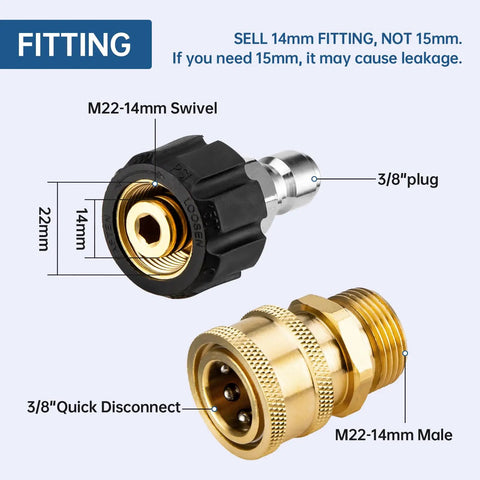 Heavy Duty Pressure Washer Adapter Set Quick Connect Kit M22 14mm To Three Eighths Inch Brass And Stainless Steel Hose Adapter