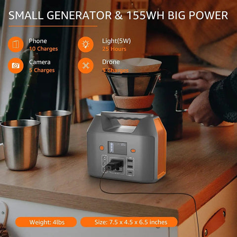 Portable Power Bank With 150W AC Outlet For Camping And Travel, on a wooden table, with home items