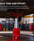 Heavy Duty Bottle Jack Axle Adapter Saddle installed on a vehicle lift with round axle tube support in a garage setting.