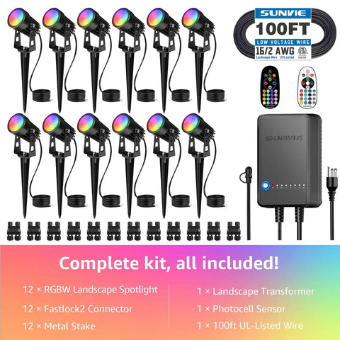 All In One Low Voltage Landscape Lighting Kit With 12 RGBW 3W LEDs, 60W Transformer, 100 Ft Wire, 2 Remotes, 12 Pack