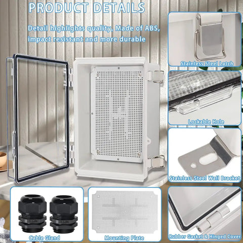 IP67 Waterproof Junction Box With Clear Hinged Cover And Stainless Steel Latch, ABS Enclosure With Mounting Plate And Cable Glands