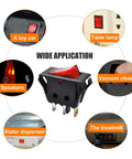 Top Shelf Red Illuminated Rocker Switch 3 Pin 2 Position SPST Toggle With Knockout Glow Road Ready For Marine Boats Trucks And Workshop Equipment AC 250V 15A 125V 20A shown in various applications.