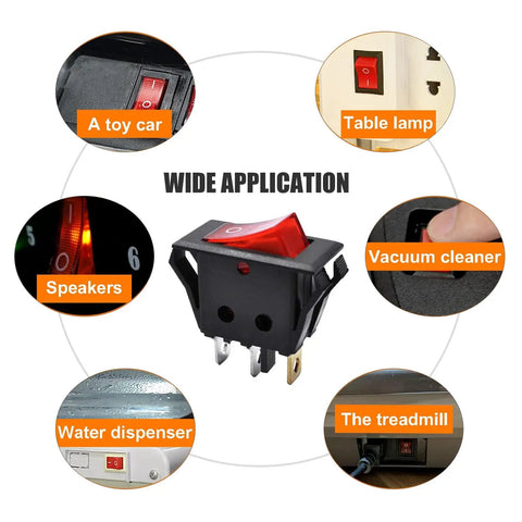 Top Shelf Red Illuminated Rocker Switch 3 Pin 2 Position SPST Toggle With Knockout Glow Road Ready For Marine Boats Trucks And Workshop Equipment AC 250V 15A 125V 20A shown in various applications.
