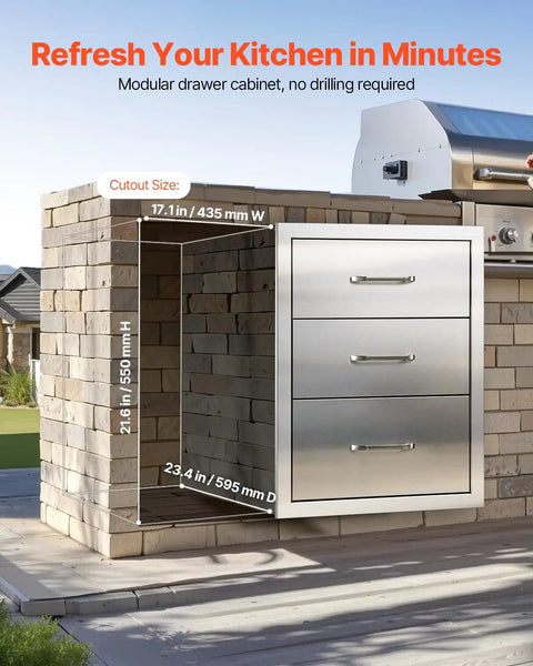 Outdoor Kitchen Drawers Stainless Steel Triple-Access Modular Cabinet for BBQ Island and Patio Grill Station installed view.