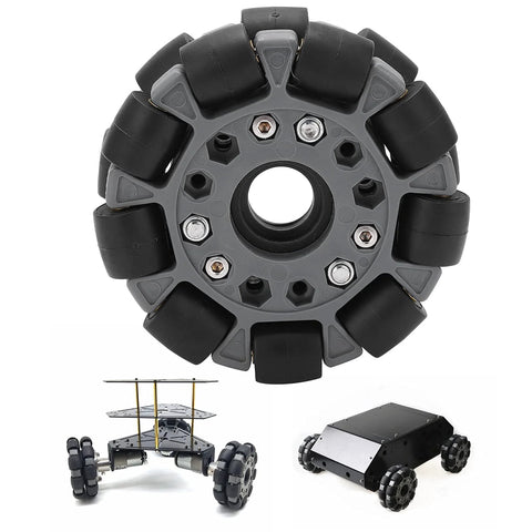 Front view of a 100mm omni-directional wheel with gray hub and black roller segments for DIY RC robots