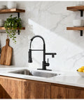 RNDIOZD LED Kitchen Faucet with Pull Down Sprayer, 2-Spout, Matte Black in modern kitchen with wood cabinetry.