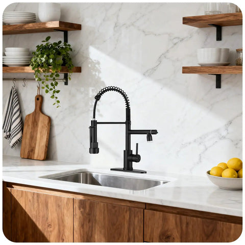 RNDIOZD LED Kitchen Faucet with Pull Down Sprayer, 2-Spout, Matte Black in modern kitchen with wood cabinetry.