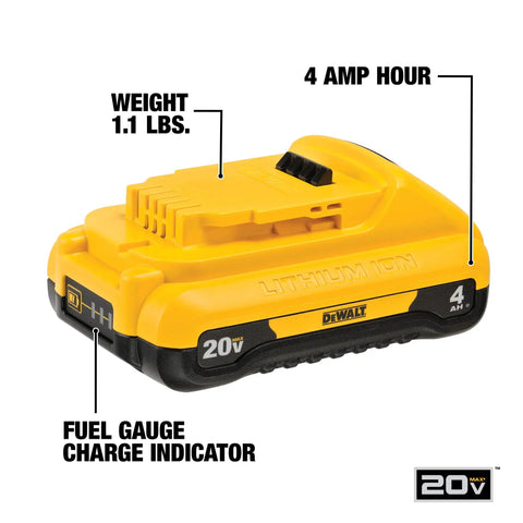 20V Max 4Ah Compact Battery for Power Tools Lightweight Yet Powerful Long Runtime DCB240, with charge indicator and specs