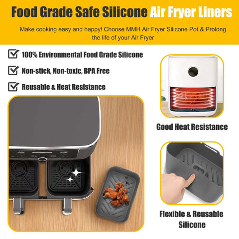 Must Have Reusable Silicone Air Fryer Liners For Dual Zone Baskets 6Qt To 8Qt Fits DZ201 DZ090 SL201 And Dual Ninja Foodi Models shown