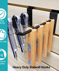 Built Tough Heavy Duty Slatwall Hooks Pack Of 50, 8 Inch Black Slatwall Accessories for Garages displayed with tools