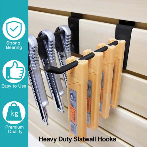 Built Tough Heavy Duty Slatwall Hooks Pack Of 50, 8 Inch Black Slatwall Accessories for Garages displayed with tools
