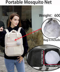 Woman carrying backpack with Foldable Mosquito Net Tent For Bed And Travel, pop up portable bug net packed inside.