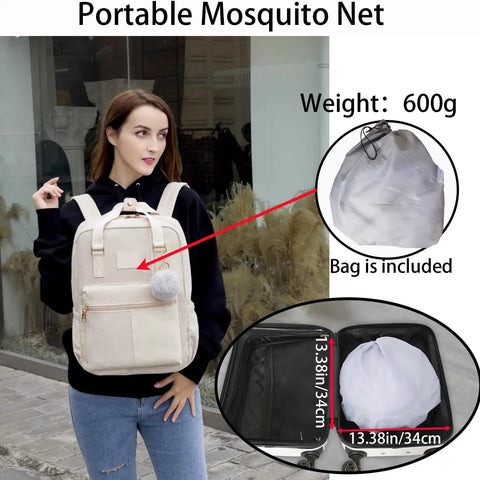 Woman carrying backpack with Foldable Mosquito Net Tent For Bed And Travel, pop up portable bug net packed inside.