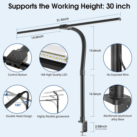 Diagram of Ultra Wide 31.5 Inch LED Desk Lamp With Double Heads And Clamp 24W Eye Caring Architect Light, showing dimensions and features.