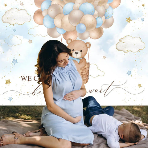 Blue Bear Hot Air Balloon Backdrop For Boy Tot Friendly Baby Shower Photo Booth Prop 7x5ft Cotton Fabric, Reusable, Wrinkle Resistant