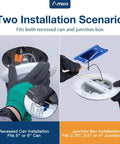 Two installation methods for Bulk 24 Count 5 By 6 Inch Led Disk Lights With Smart Dimming Controls, fitting recessed can and junction boxes.