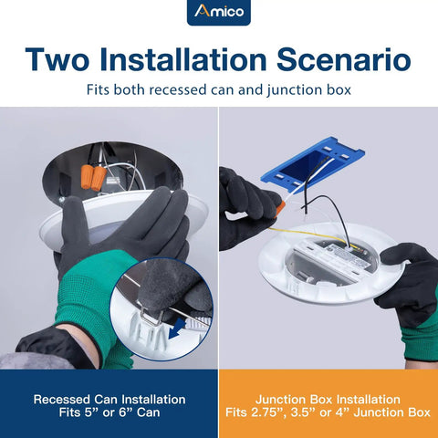 Two installation methods for Bulk 24 Count 5 By 6 Inch Led Disk Lights With Smart Dimming Controls, fitting recessed can and junction boxes.