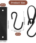 Leather S Hooks With PU Leather Coat 3 Pack Multifunctional S Hooks For Hanging Clothes Outdoor Camping Kitchen Durable Metal Hooks Black, showing three black hooks with dimensions.