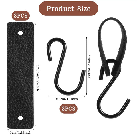 Leather S Hooks With PU Leather Coat 3 Pack Multifunctional S Hooks For Hanging Clothes Outdoor Camping Kitchen Durable Metal Hooks Black, showing three black hooks with dimensions.