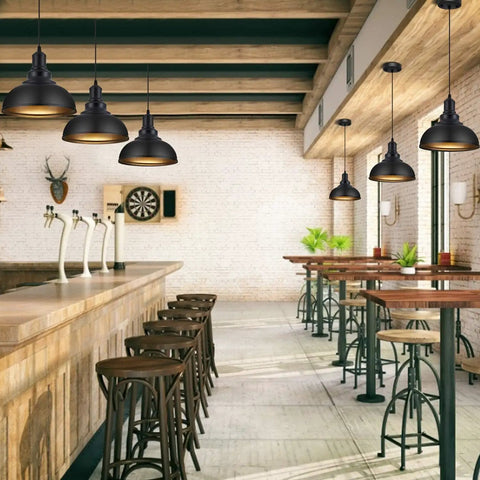 Dope Industrial Black Pendant Lights Two Pack Farmhouse Hanging Lamps With Metal Shade in a rustic bar setting.