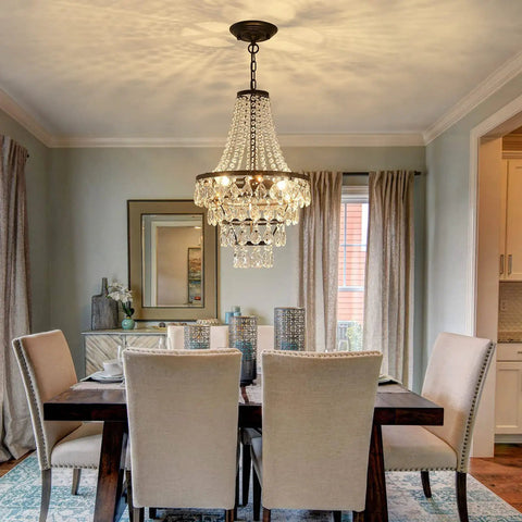 Dining room with Three Light Crystal Chandelier Modern Adjustable Hanging Ceiling Light Fixture Black Pendant Lighting