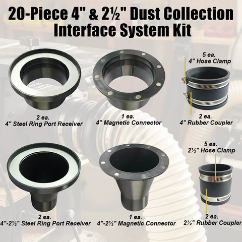 Front view of 20-Piece dust collection fittings kit for 4" & 2.5" quick-connect system; magnets, rubber couplers.