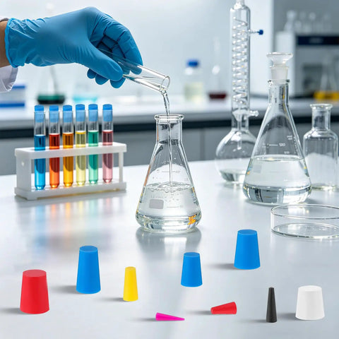 250 Piece Silicone Tapered Plug Kit With 9 Sizes For Heat Resistant Masking Up To 600 Degrees F in lab glassware setup