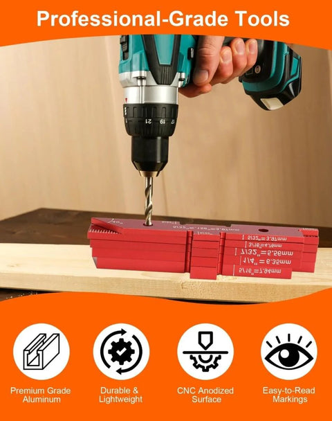 Pro Grade 14 Piece Aluminum Woodworking Setup Blocks Kit With Storage Case Router Table Height And Depth Gauges in use with drill.