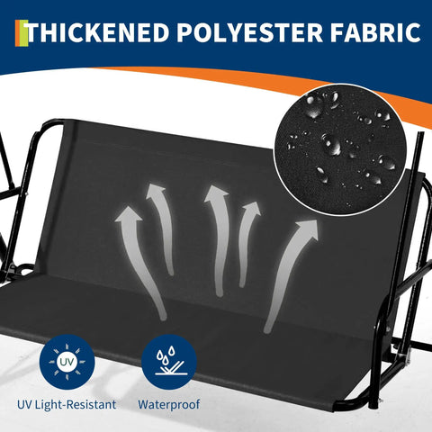 Thickened polyester fabric detail of Three Seat Outdoor Porch Swing With Stand And Adjustable Canopy For Backyard Patio, 800 lb capacity.