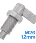 Tough As Nails Stainless Steel Indexing Plunger With Solid Locking Bolt And M20 X 1.5 Threaded Knob, 12mm pin, angled view.