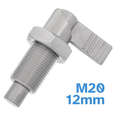 Tough As Nails Stainless Steel Indexing Plunger With Solid Locking Bolt And M20 X 1.5 Threaded Knob, 12mm pin, angled view.