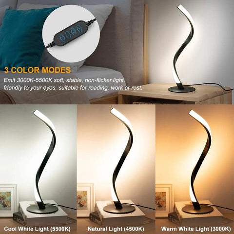S Shaped Spiral LED Table Lamps Set Of 2 With Three Color Modes And Ten Brightness Levels, modern design, different color temperatures.