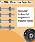 Heavy Duty M10 Hex Bolts And Nuts Set With Flat And Spring Washers For Caster Wheels Assembly showing four 60mm hex bolts with washers.