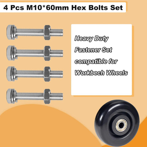 Heavy Duty M10 Hex Bolts And Nuts Set With Flat And Spring Washers For Caster Wheels Assembly showing four 60mm hex bolts with washers.