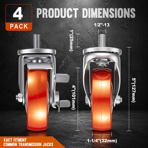 Set Of 4 Transmission Jack Casters 1/2 Inch-13 Red Poly Rotating Threaded Rod Casters dimensions with locking mechanism