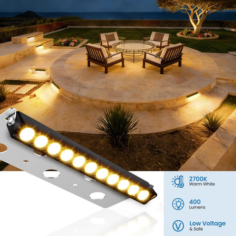 All In One Outdoor Retaining Wall Lights Kit With Transformer 2700K Warm White Hardscape Landscape Lighting IP68 Waterproof Step Lights For Patio Stairs Fence Decor 3W 8 Pack illuminating a patio area at night.