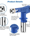 Four Reversible Airless Paint Sprayer Tips Set 215 315 417 523 with blue plastic and tungsten steel nozzle details