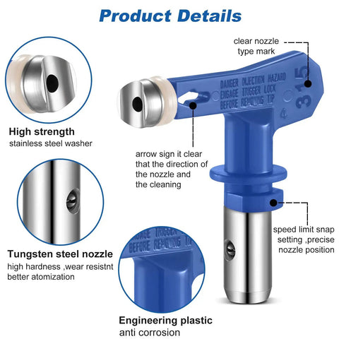Four Reversible Airless Paint Sprayer Tips Set 215 315 417 523 with blue plastic and tungsten steel nozzle details