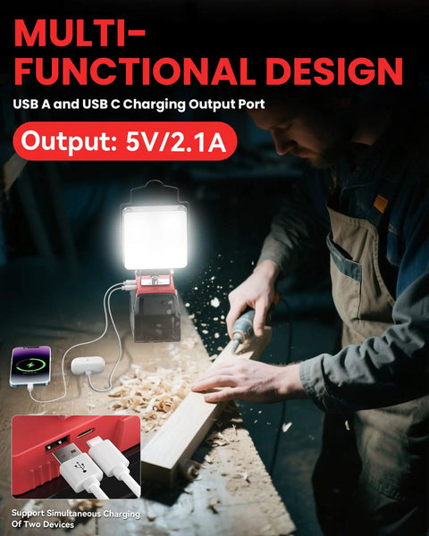 Milwaukee 18V LED Work Light Cordless With USB C And USB A Charger Port, illuminating a workbench in use