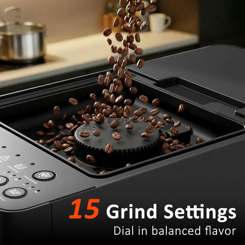 Total Game Changer Automatic Espresso Machine With Built In Grinder 20 Bar Coffee Maker showing coffee beans falling into grinder.
