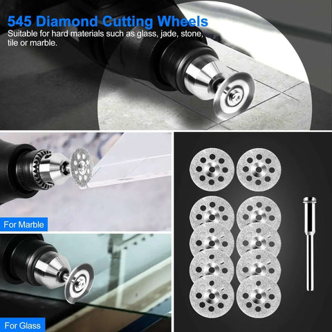 Auxiren 44-piece cutting wheel kit for Dremel rotary tools; diamond and resin discs with mandrel shown