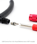 AutoLine Pro EVAP service port adapter kit close-up: black hose, threaded fitting, metal valve, and red connector.