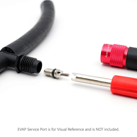 AutoLine Pro EVAP service port adapter kit close-up: black hose, threaded fitting, metal valve, and red connector.