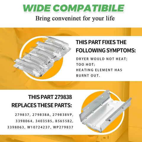 Upgraded 279838 Dryer Heating Element Kit NED4655EW1 MEDC215EW1 for Whirlpool Maytag Kenmore 70 80 Series shown with replacement part details